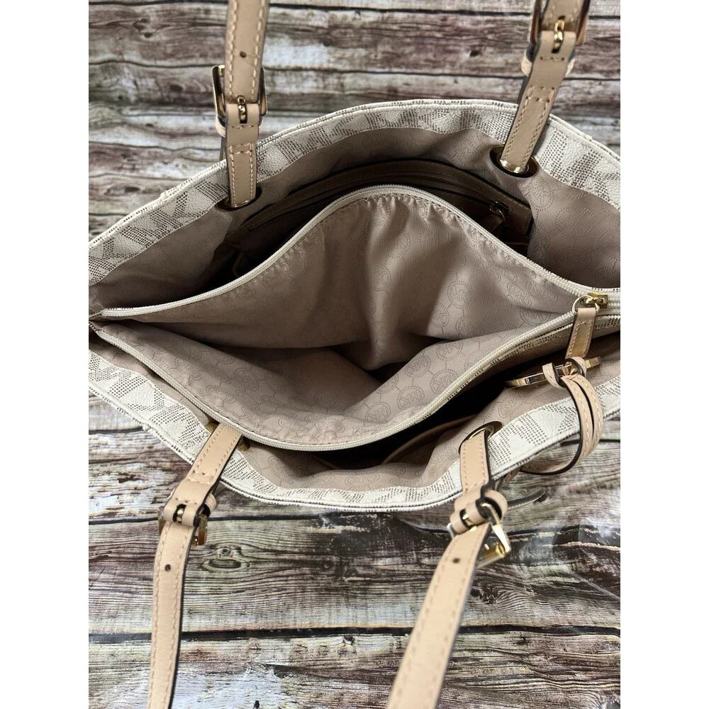 Michael Kors Large Jet Set Monogram Tote Cream & Tan Canvas Leather Shoulder Bag